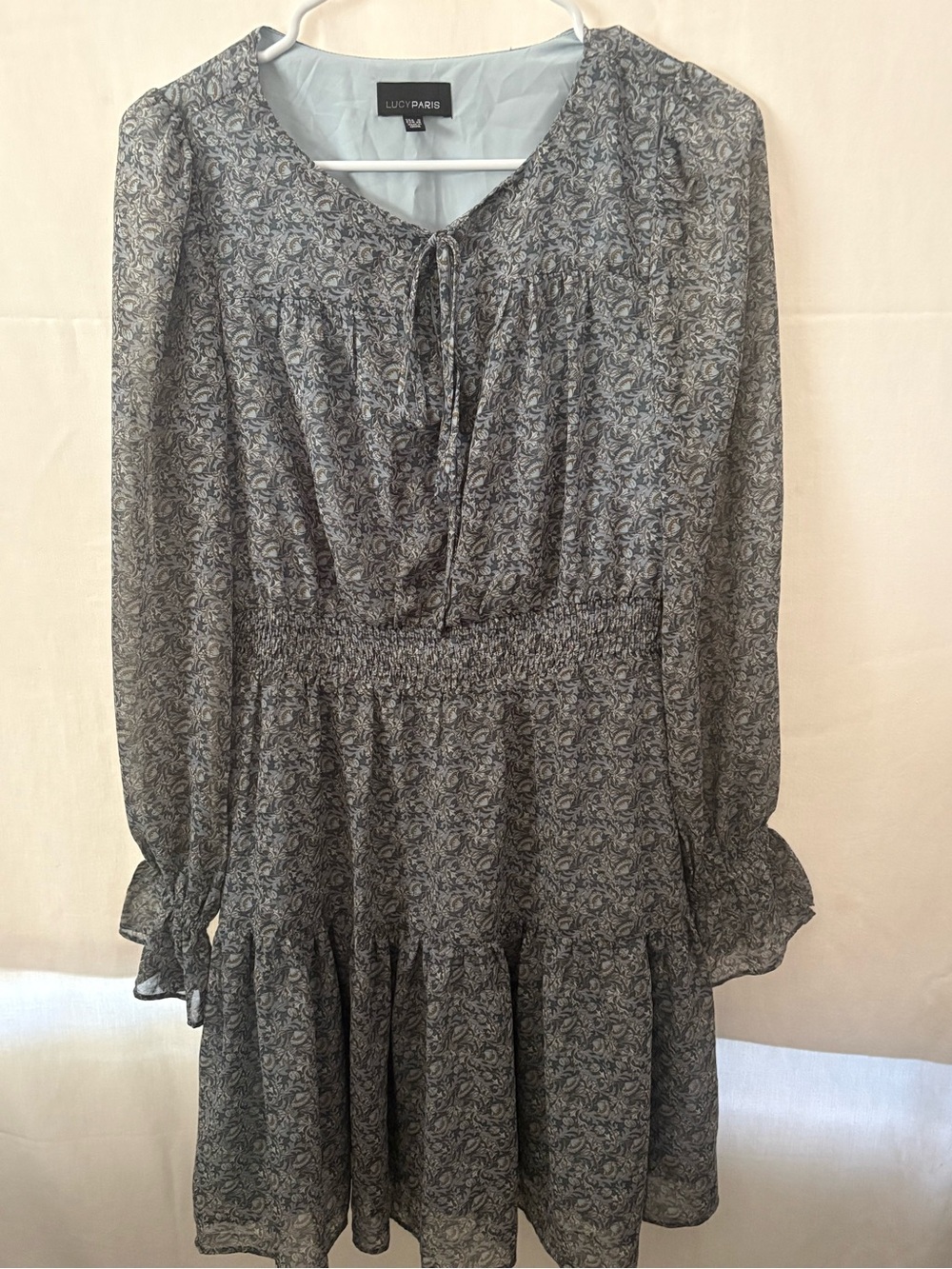 Lucy Paris Gray Paisley Long-Sleeve Smocked Waist Dress